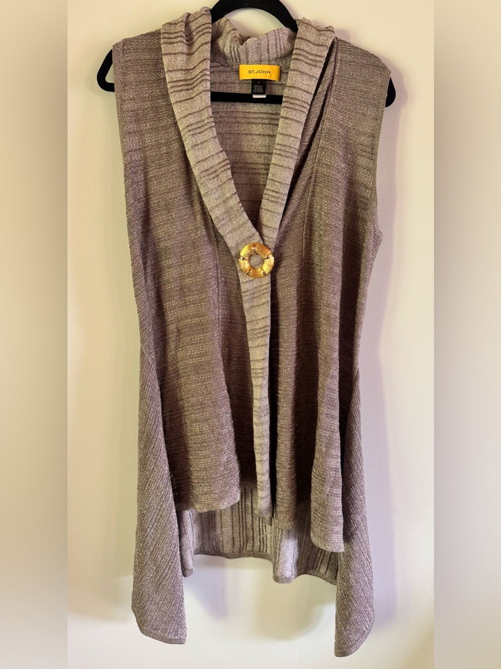St. John Taupe Metallic Sleeveless Draped Vest with Additional Accent Button